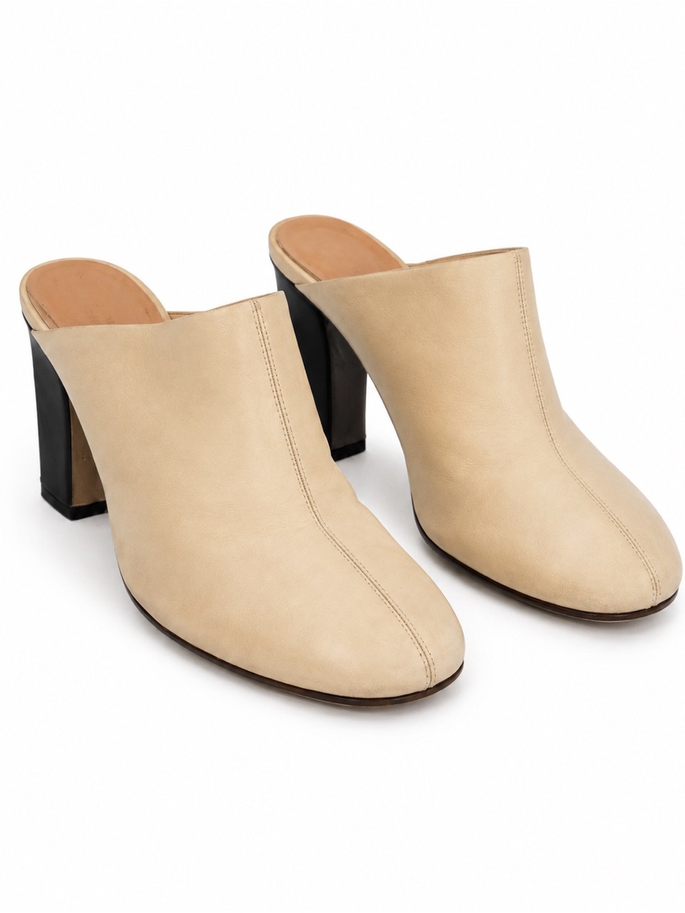 Wandler Cream Leather Square Toe Block Heel Mules Size 41